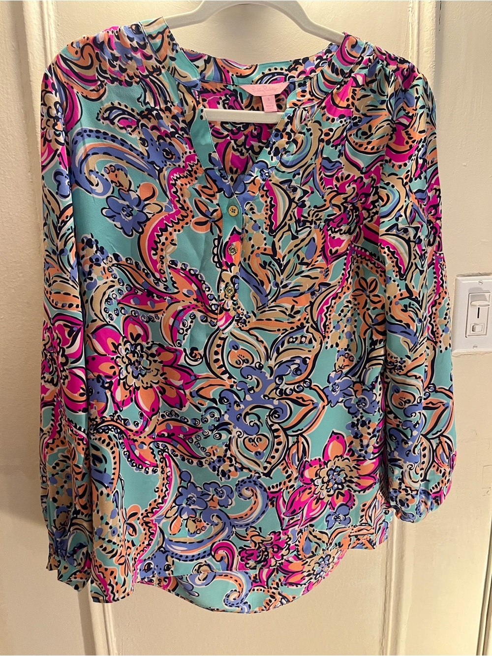 Lilly Pulitzer Turquoise Multi Paisley Button-Front Blouse